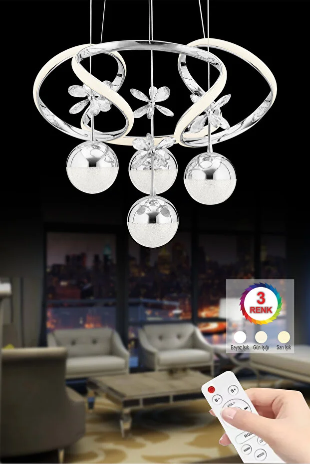 Rodin Kumandalı Gümüş Sarkıt 3 Renk Led Modern Ledli Avize